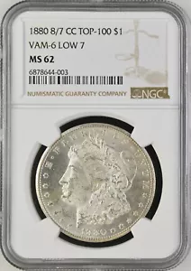 1880 8/7 CC Morgan Silver Dollar TOP-100 VAM-6, LOW 7 NGC MS62 - Picture 1 of 2