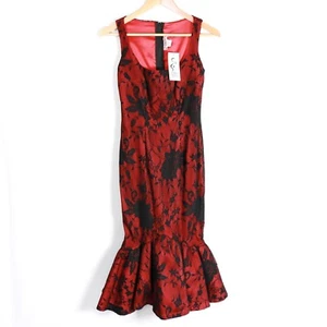 Deadly Dames Micheline Pitt Dress Size S Red Satin Black Floral Lace Couture - Picture 1 of 10
