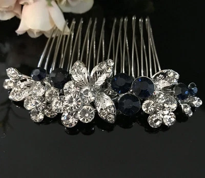 Silver tone elegant wedding blue color crystal  bridal hair comb ha27425blue - Image 1 of 4