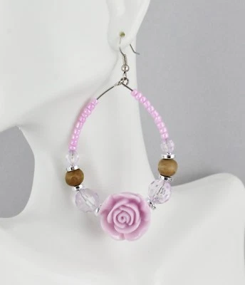 Purple big earrings Beaded Rose oval big huge hoop dangle 3.5" long lightweight - Image 1 of 4