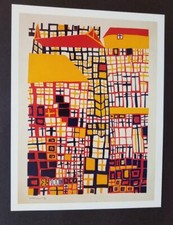 Friedensreich Hundertwasser "Three High Houses"  Mounted offset Lithograph 1986