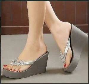 Women Flip Flops Summer Beach Sandals slipper Platform Wedge Heel Crystal Shoes - Picture 1 of 7