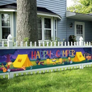 Happy Camper Backdrop Banner with 118.1“X19.6” Long Polyester Fabric Camping ... - Picture 1 of 7