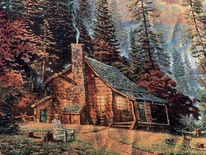 A Peaceful Retreat Mountain Cabin Tapestry  Throw Blanket Thomas Kinkade USA - Picture 1 of 6