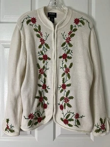 Studio Joy Christmas Poinsettia Knit Cardigan Velour Trim XL Floral Embroidered - Picture 1 of 13