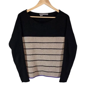 360CASHMERE Sweater Size M Black Tan Stripe Boat Neck Cozy Luxe Classic - Picture 1 of 8