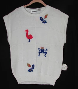 Vintage Country Suburbans bestickter Pullover Gans Frosch Blume Flügelärmel elfenbeinfarben L - Bild 1 von 9