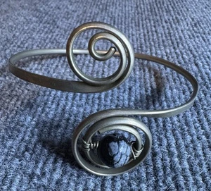 BOHO Hippie Silver Tone Arm Cuff With Black And White Stone Bead - Picture 1 of 4