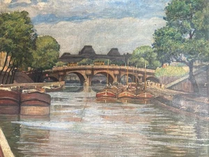 Belle Peinture 1920 Paris Huile Toile Impressionnisme Péniche Seine Ancien Art - Imagen 1 de 11