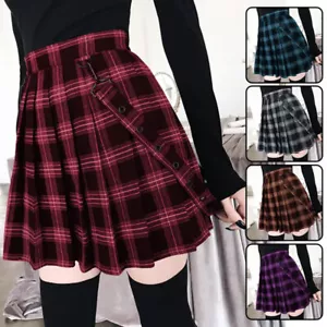Women Plus Size Plaid Pleated Skirt High Waist Short Skirt w/ Gothic Punk Belt - Picture 1 of 19