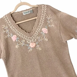 VTG 90’s Shenanigans Knit Cottagecore Top Embroidered Retro V Neck Women’s Sz L - Picture 1 of 9