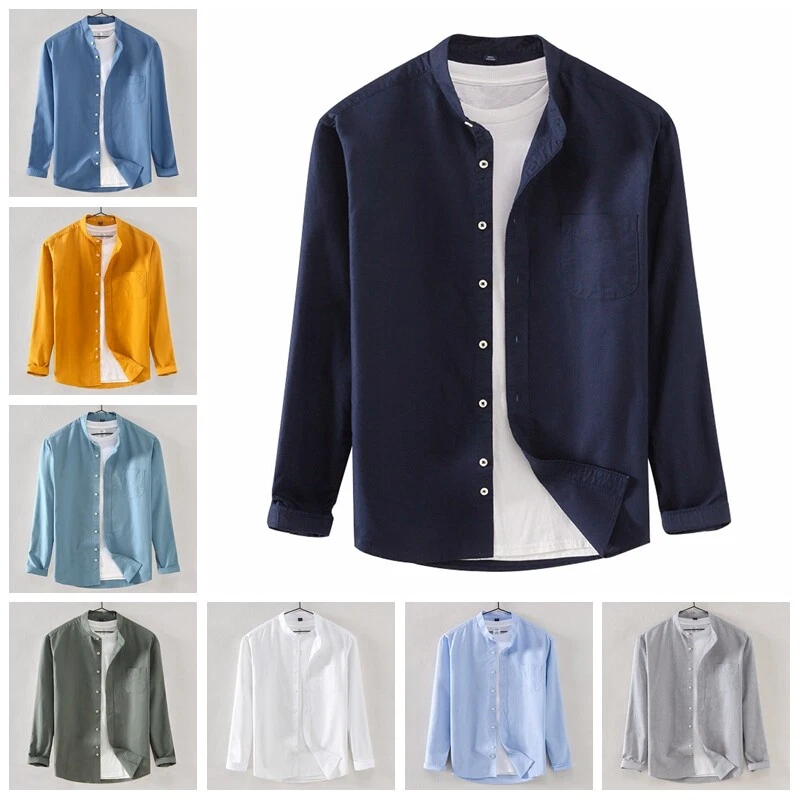 Camisas masculinas lisas tops algodão bolso gola vovô manga longa fina azul verão - Imagem 1 de 4