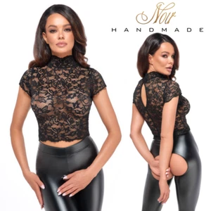 Noir Handmade Black lace top with high collar Sexy Sheer mesh t-shirts for her - Picture 1 of 8