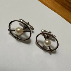 Signed Anson Men’s Jewelry Cufflinks Silver Tone Faux Pearl - Picture 1 of 9