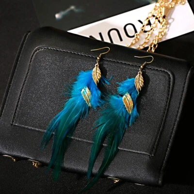 Long Feather Dangle Earrings Vintage Boho Ethnic Gold Leaf Tassels Jewelry Gift - Image 1 of 4