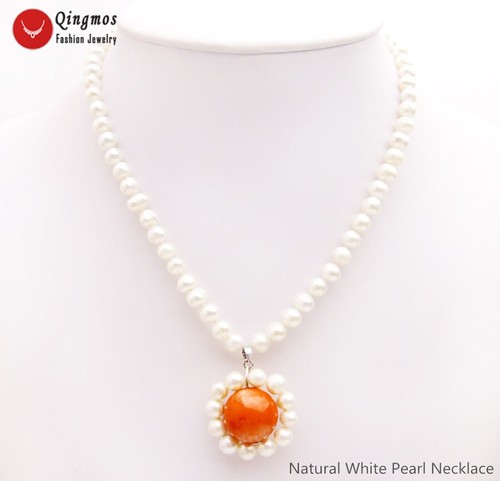 VETEMENTS Collana con ciondolo corallo arancione 18 mm per donna gioielli naturali 6 7 mm perla bianca