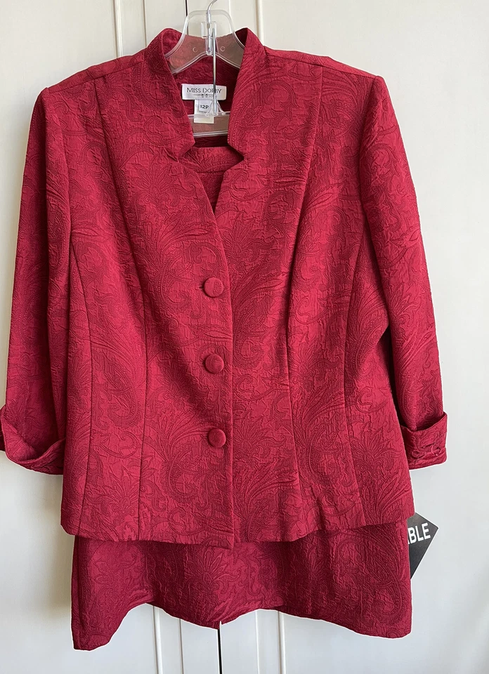 Винтажный Miss Dorby 2шт юбка костюм женщин 12P красный дамасский расширитель 3/4 рукав кнопка новый с Ярлыками - Изображение 1 из 4