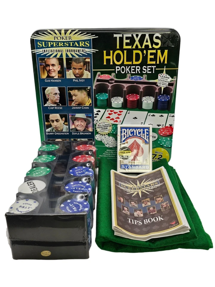 Texas Hold Em Poker Set Tin 200 Chips Felt Playing Mat Poker Cards New Open Box - Image 1 of 4