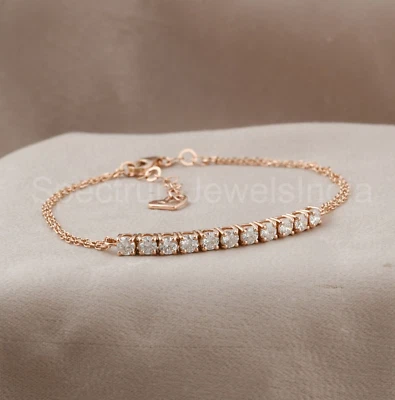 0.96 Ct Round Lab Grown CVD Diamond Chain Bracelet 18k Solid Rose Gold Jewelry - Image 1 of 4
