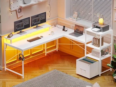 L Shaped Desk with Fabric Drawer, Home Office Desk with LED Strip &Monitor Shelf - Image 1 of 4