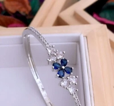 Brazalete brazalete mujer enchapado en oro blanco de 14 quilates corte pera simulado zafiro azul Foto 1 de 3