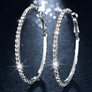 925 Silver Plated Round Rhinestone Hoop Drop Earrings for Women Wedding Jewelry