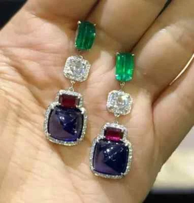 Blue Sapphire Pink Tourmaline White CZ Green Emerald Studded Bridal Drop Earring - Image 1 of 4