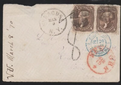 Scott 95, 5c F Grill, pair on March 1870 cover to Paris France 1976 PFC - Image 1 of 4