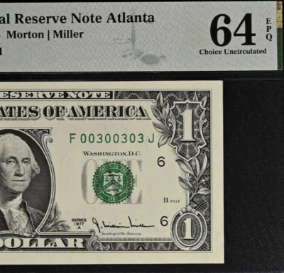1977A $1 Federal Reserve Note PMG 64EPQ- Fancy Serial Number 00300303 - Image 1 of 3
