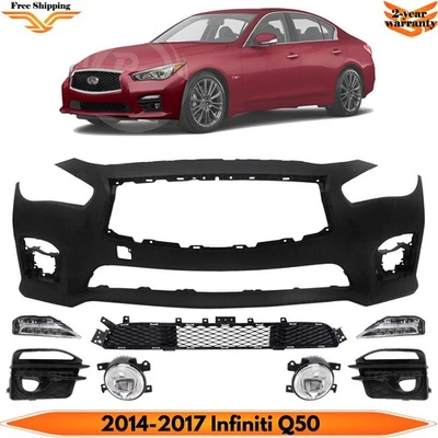 Front Bumper Cover Primed Plastic & Fog Lights Kit For 2014-2017 Infiniti Q50 Foto 1 de 4