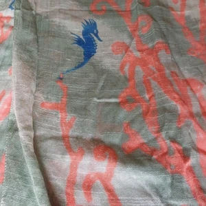 Scarf Olive/blue/orange sea horse and corals cotton/linen blend 65x18 in - Picture 1 of 4
