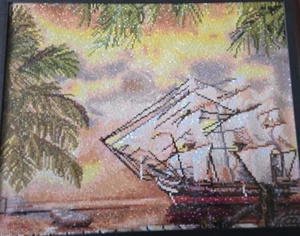 Completed Diamond Painting - Ship & Palms. Framed 21.75" x 17" - Picture 1 of 1