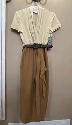 Vtg Maggy London 14 Midi-Maxi Silk-Linen Dress-Chamois Yellow-Tan/Faux Wrap-NWT - Image 1 of 4