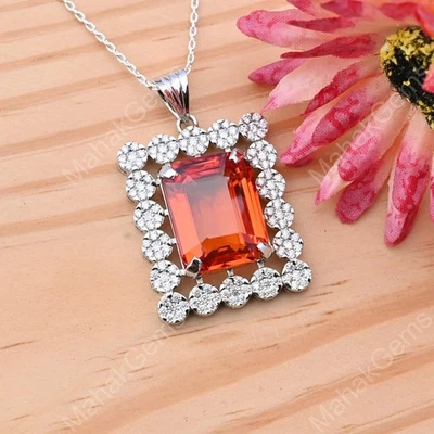62 Ct Emerald Cut Natural Orange Sapphire Pendant – Certified Gem 925 Silver - Image 1 of 4