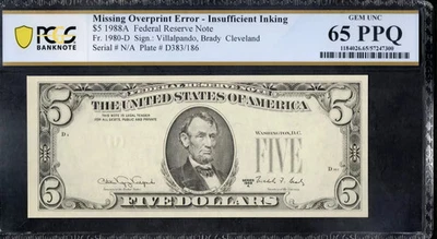 $5 1988-A FRN MISSING OVERPRINT ERROR No Serials + Seals PCGS Gem Unc 65PPQ - Image 1 of 2