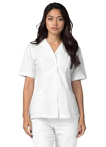 Adar Women Doctor Nurse White Uniform Button Back Belt Lapel Collar Scrub Top - Picture 1 of 14