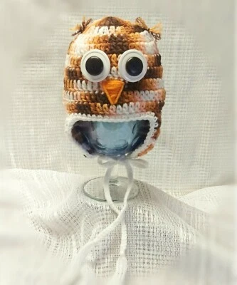 NEW Handmade Child's OWL EARFLAP HAT in Brown White with Ties cute funny toddler - Image 1 of 3