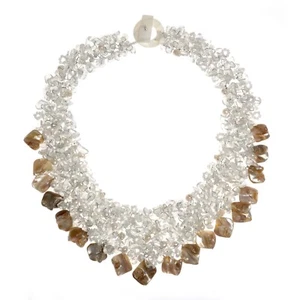 Bold & Colorful White Quartz, Pearls, & Seashell Cluster Statement Necklace - Picture 1 of 3