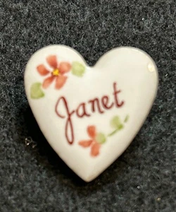 Vtg 80s Ceramic Floral Heart Personalized Lapel Pin - Janet - Picture 1 of 2