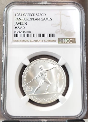 1981 GREECE SILVER 250 DRACHMAI PAN EUROPEAN GAMES JAVELIN NGC MS 69 SCARCE GEM - Image 1 of 3