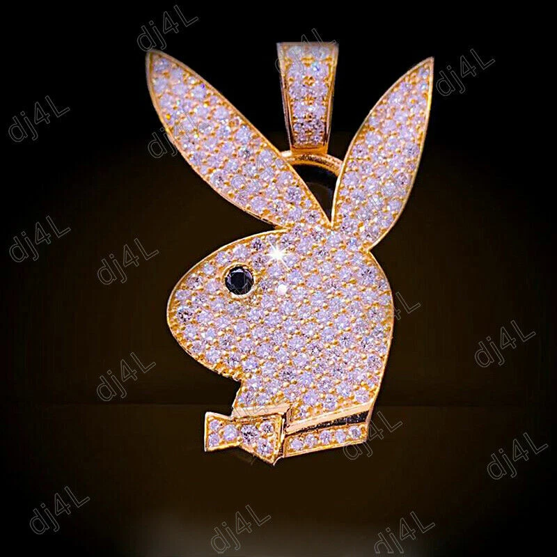 2 克拉圆形莫桑石花花公子兔子男女通用吊坠 14K 镀黄金 — 第 1/1 张图片