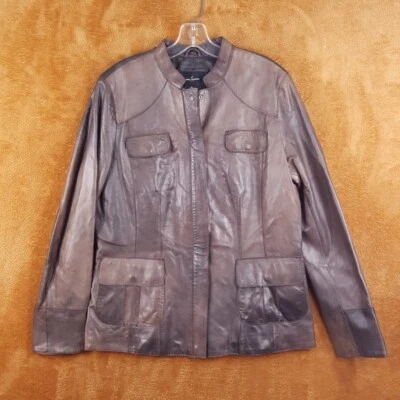 Jaqueta feminina DANIEL HECHTER grande couro marrom com zíper utilitário resistido - Imagem 1 de 4