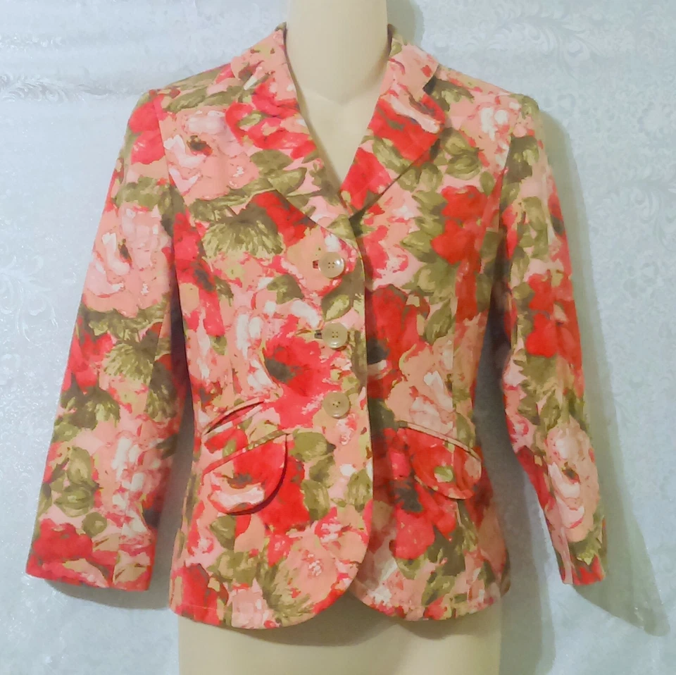 Jaqueta Blazer ANN TAYLOR Petites Rosa Estampa Floral Seda Carreira Tamanho 2P - Imagem 1 de 4