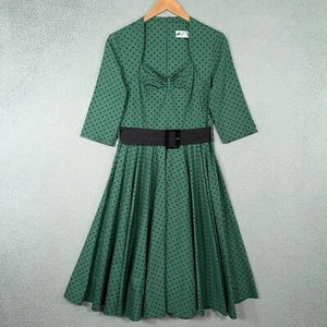 Hell Bunny Vixen Dress L Green Black Polka Dot Retro Pinup Rockabilly Swing 50s - Picture 1 of 18