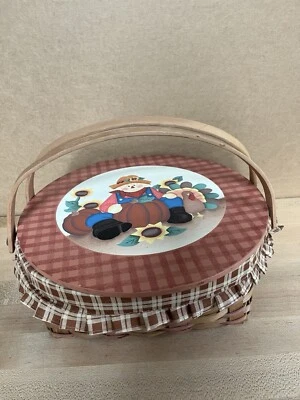 Fall Pumpkin Thanksgiving Harvest 12" Round Wicker Basket Wood Lid & Plain Liner - Image 1 of 4