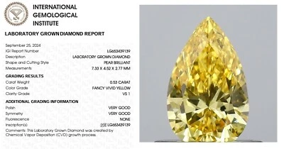 0.53 Pear Lab Grown Diamond For Engagement Ring IGI Fancy Vivid Yellow VS1 - Image 1 of 4