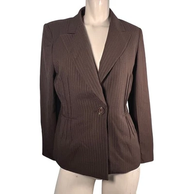Terno estúdio marrom listra de giz blazer de um botão carreira jaqueta de negócios elegante chique - Imagem 1 de 4