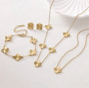 Gold Plated Stainless Steel Clover Necklace, Bracelet & Earring Set – 4-Piece - Picture 1 of 6