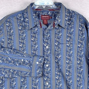 VTG Chaps Denim Ralph Lauren Shirt Mens XL Blue Striped Floral Western Country - Picture 1 of 8