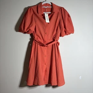 Kohan Orange Waffle Dress Women's Size Small Belted Knee Length Lined Collared - Picture 1 of 18